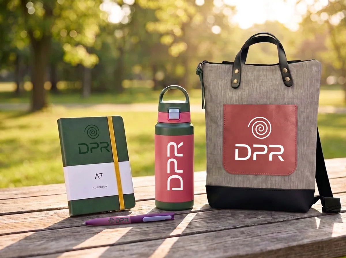 Libreta, botella y bolso personalizados con logo sobre una mesa al aire libre